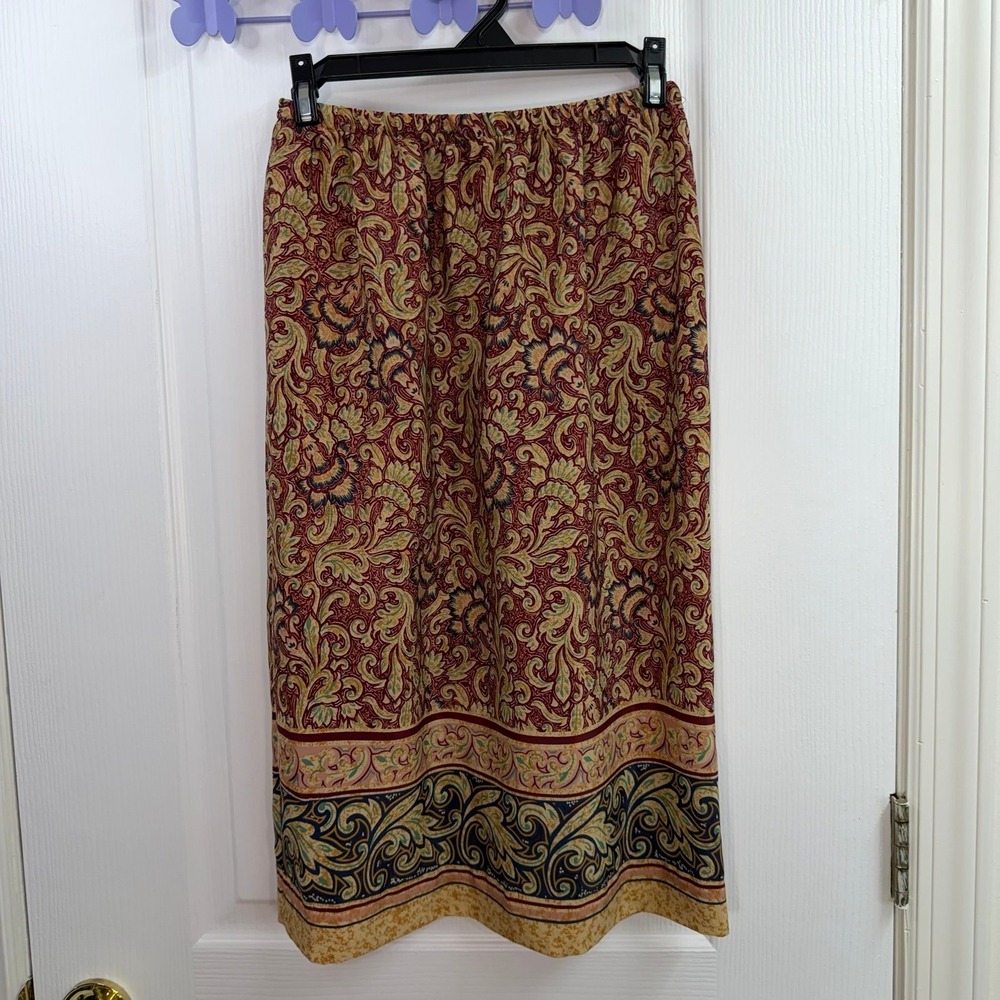 Adult burgundy paisley pull on elastic waist midi casual relaxed skirt XXS/XS